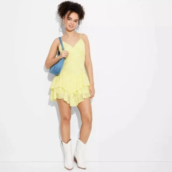 Wild Fable Women's Triangle Cup V-Neck Tiered Mini Yellow Ruffled Skirt Dress - Picture 3 of 6